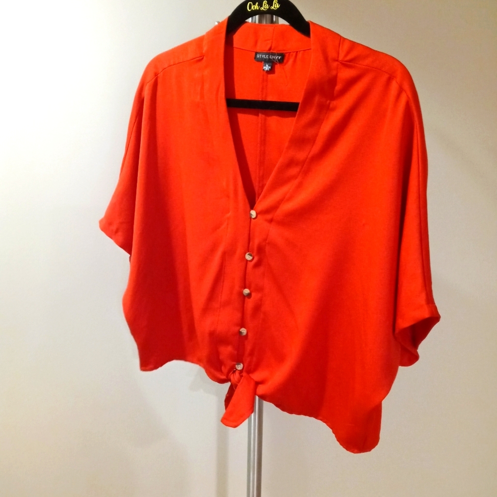Red Button Down Front Tie Blouse